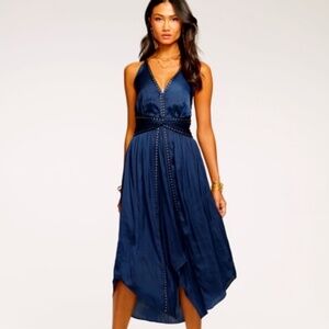 Ramy Brook Gold Studded Navy Blue Exclusive Melanie Midi Dress
